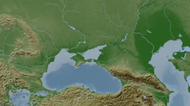 Azov Denizi. Patterson silindirik projeksiyonunda soluk renkli bir yükseklik haritasında konum diyagramı