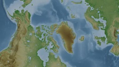 Baffin Körfezi. Patterson silindirik projeksiyonunda soluk renkli bir yükseklik haritasında konum diyagramı