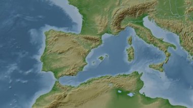 Balear Denizi. Patterson silindirik projeksiyonunda soluk renkli bir yükseklik haritasında konum diyagramı