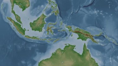 Banda Denizi. Patterson silindirik projeksiyonunda soluk renkli bir yükseklik haritasında konum diyagramı