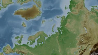 Barents Denizi. Patterson silindirik projeksiyonunda soluk renkli bir yükseklik haritasında konum diyagramı