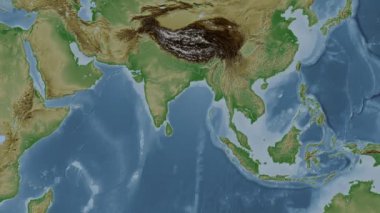 Bengal Körfezi. Patterson silindirik projeksiyonunda soluk renkli bir yükseklik haritasında konum diyagramı