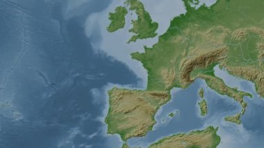 Biscay Körfezi. Patterson silindirik projeksiyonunda soluk renkli bir yükseklik haritasında konum diyagramı