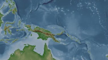 Bismarck Denizi. Patterson silindirik projeksiyonunda soluk renkli bir yükseklik haritasında konum diyagramı