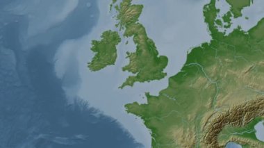 Bristol Kanalı. Patterson silindirik projeksiyonunda soluk renkli bir yükseklik haritasında konum diyagramı