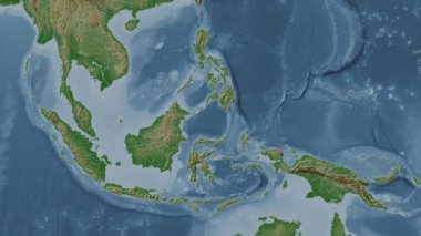 Ünlüler Denizi. Patterson silindirik projeksiyonunda soluk renkli bir yükseklik haritasında konum diyagramı