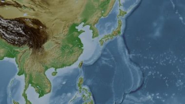 Doğu Çin Denizi. Patterson silindirik projeksiyonunda soluk renkli bir yükseklik haritasında konum diyagramı