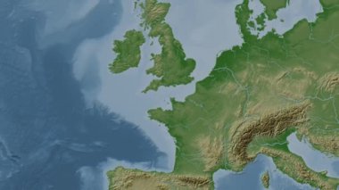 İngiliz kanalı. Patterson silindirik projeksiyonunda soluk renkli bir yükseklik haritasında konum diyagramı