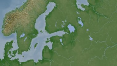 Finlandiya Körfezi. Patterson silindirik projeksiyonunda soluk renkli bir yükseklik haritasında konum diyagramı