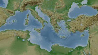 İyon Denizi. Patterson silindirik projeksiyonunda soluk renkli bir yükseklik haritasında konum diyagramı