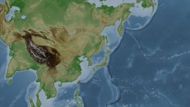 Japon Denizi. Patterson silindirik projeksiyonunda soluk renkli bir yükseklik haritasında konum diyagramı