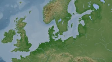 Kattegat. Patterson silindirik projeksiyonunda soluk renkli bir yükseklik haritasında konum diyagramı