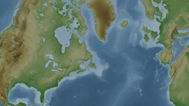 Labrador Denizi. Patterson silindirik projeksiyonunda soluk renkli bir yükseklik haritasında konum diyagramı