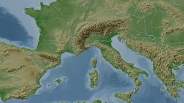 Ligurian Denizi. Patterson silindirik projeksiyonunda soluk renkli bir yükseklik haritasında konum diyagramı