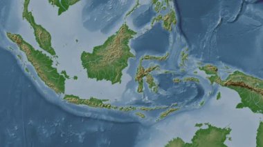 Makassar Boğazı. Patterson silindirik projeksiyonunda soluk renkli bir yükseklik haritasında konum diyagramı