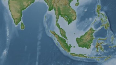 Malacca Boğazı. Patterson silindirik projeksiyonunda soluk renkli bir yükseklik haritasında konum diyagramı