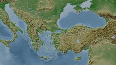 Marmara Denizi. Patterson silindirik projeksiyonunda soluk renkli bir yükseklik haritasında konum diyagramı