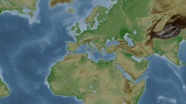 Akdeniz 'de. Patterson silindirik projeksiyonunda soluk renkli bir yükseklik haritasında konum diyagramı