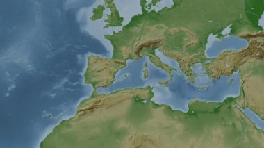Mediterranean Sea - Western Basin (excluding sub-basins). Location diagram on a pale colored elevation map in the Patterson Cylindrical projection