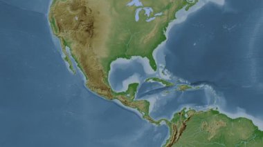Meksika Körfezi. Patterson silindirik projeksiyonunda soluk renkli bir yükseklik haritasında konum diyagramı