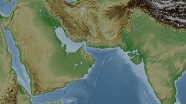 Umman Körfezi. Patterson silindirik projeksiyonunda soluk renkli bir yükseklik haritasında konum diyagramı