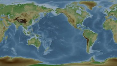 Pasifik Okyanusu. Patterson silindirik projeksiyonunda soluk renkli bir yükseklik haritasında konum diyagramı