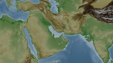 Basra Körfezi. Patterson silindirik projeksiyonunda soluk renkli bir yükseklik haritasında konum diyagramı