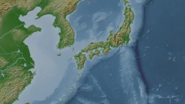 Seto Naikai ya da İç Deniz. Patterson silindirik projeksiyonunda soluk renkli bir yükseklik haritasında konum diyagramı