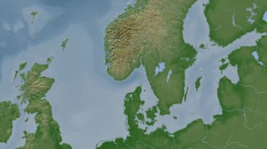 Skagerrak. Patterson silindirik projeksiyonunda soluk renkli bir yükseklik haritasında konum diyagramı
