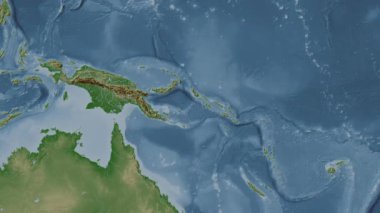 Solomon Denizi. Patterson silindirik projeksiyonunda soluk renkli bir yükseklik haritasında konum diyagramı