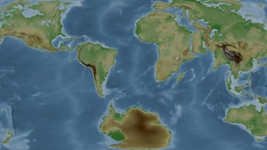 Güney Atlantik Okyanusu. Patterson silindirik projeksiyonunda soluk renkli bir yükseklik haritasında konum diyagramı