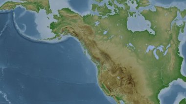 Güneydoğu Alaska ve British Columbia 'nın sahil suları. Patterson silindirik projeksiyonunda soluk renkli bir yükseklik haritasında konum diyagramı