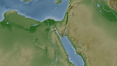 Süveyş Körfezi. Patterson silindirik projeksiyonunda soluk renkli bir yükseklik haritasında konum diyagramı