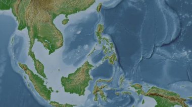 Sulu Denizi. Patterson silindirik projeksiyonunda soluk renkli bir yükseklik haritasında konum diyagramı