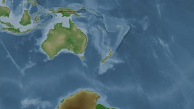 Tasman Denizi. Patterson silindirik projeksiyonunda soluk renkli bir yükseklik haritasında konum diyagramı