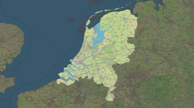 Netherlands highlighted on a topographic, OSM standard style map clipart