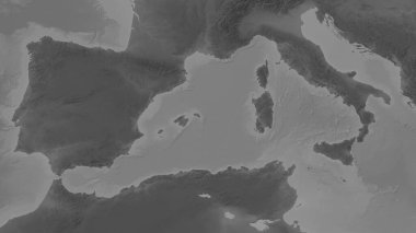 Akdeniz - Batı Havzası çevresinin gri ölçekli yükseklik haritası üzerinde
