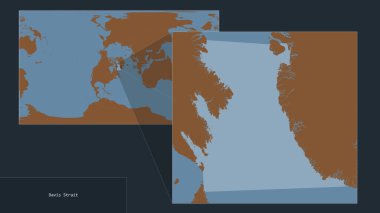 Davis Strait. Close-up of the basin area with leading lines to its location on the world tiled pattern colored map transformed to the Patterson Cylindrical oblique projection clipart