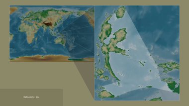 Halmahera Sea. Close-up of the basin area with leading lines to its location on the world colored elevation map transformed to the Patterson Cylindrical oblique projection clipart