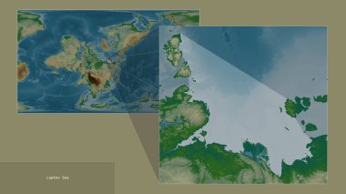 Laptev Sea. Close-up of the basin area with leading lines to its location on the world colored elevation map transformed to the Patterson Cylindrical oblique projection clipart