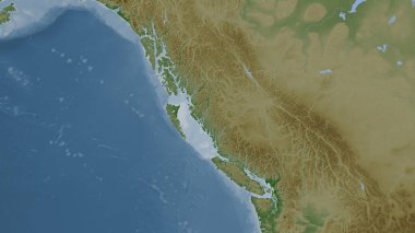 Güneydoğu Alaska ve Britanya Kolumbiyası 'nın sahil suları soluk renkli bir yükseklik haritasına vurgulandı