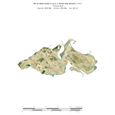 Abu Al Abyad Island in the Persian Gulf, belonging to United Arab Emirates, isolated on a satellite image taken in March 7, 2023, with distance scale clipart