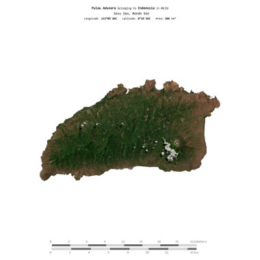 Pulau Adunara in the Savu Sea, belonging to Indonesia, isolated on a satellite image taken in July 18, 2019, with distance scale clipart