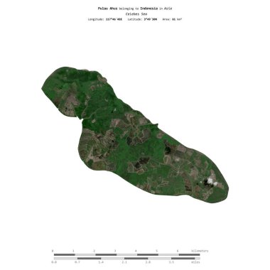 Pulau Ahus in the Celebes Sea, belonging to Indonesia, isolated on a satellite image taken in August 26, 2018, with distance scale clipart