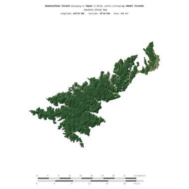 Amamioshima Island in the Eastern China Sea, belonging to Japan, isolated on a satellite image taken in September 23, 2021, with distance scale clipart