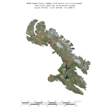 Baffin Island in the Baffin Bay, belonging to Canada, isolated on a satellite image taken in December 31, 2003, with distance scale clipart