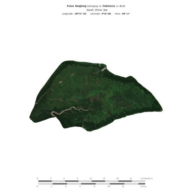 Pulau Bangkong in the South China Sea, belonging to Indonesia, isolated on a satellite image taken in October 27, 2021, with distance scale clipart