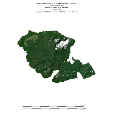 Banie Island in the Coral Sea, belonging to Solomon Islands, isolated on a satellite image taken in November 8, 2019, with distance scale clipart