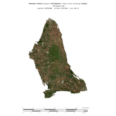 Bantayan Island in the Philippine Sea, belonging to Philippines, isolated on a satellite image taken in March 20, 2020, with distance scale clipart