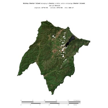 Bolshoy Shantar Island in the Sea of Okhotsk, belonging to Russia, isolated on a satellite image taken in September 27, 2013, with distance scale clipart